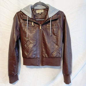 Brown Bomber Jacket with Gray Hood